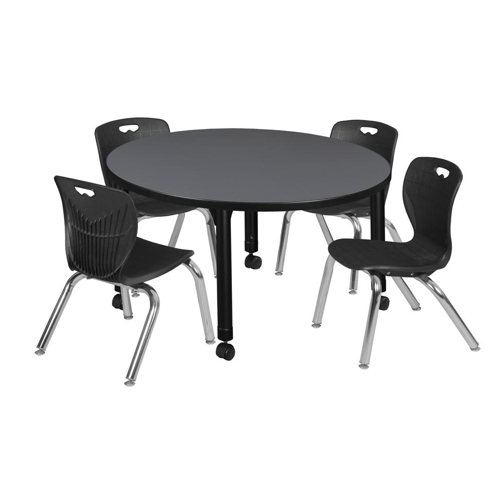 Kee 42" Round Height Adjustable Classroom Table - Grey & 4 Andy 12-in Stack Chairs- Black. Picture 1