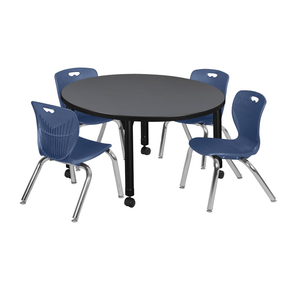 Kee 42" Round Height Adjustable Classroom Table - Grey & 4 Andy 12-in Stack Chairs- Navy Blue. Picture 1