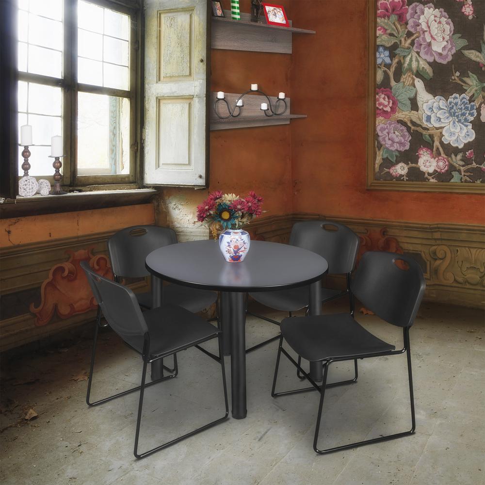 Kee 42" Round Breakroom Table- Grey/ Black & 4 Zeng Stack Chairs- Black. Picture 2