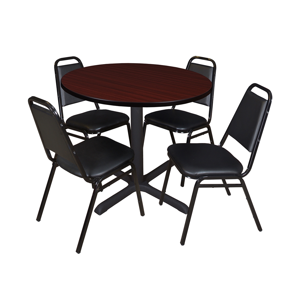 Cain 42" Round Breakroom Table- Mahogany & 4 Restaurant Stack Chairs- Black. Picture 1