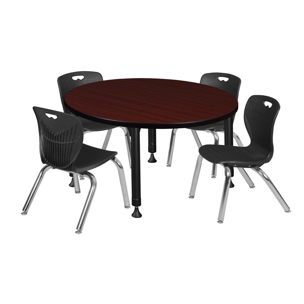 Kee 42" Round Height Adjustable Classroom Table - Mahogany & 4 Andy 12-in Stack Chairs- Black. Picture 1