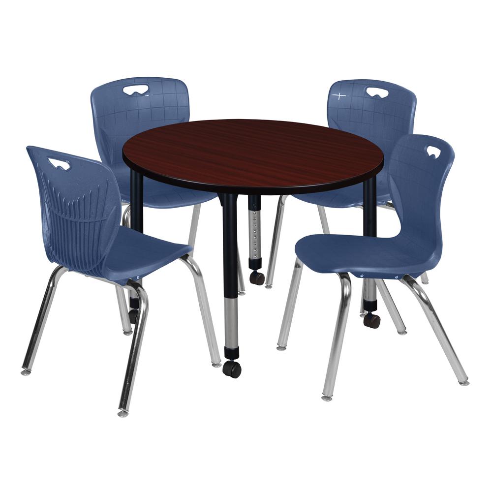 Kee 42" Round Height Adjustable Classroom Table - Mahogany & 4 Andy 18-in Stack Chairs- Navy Blue. Picture 1
