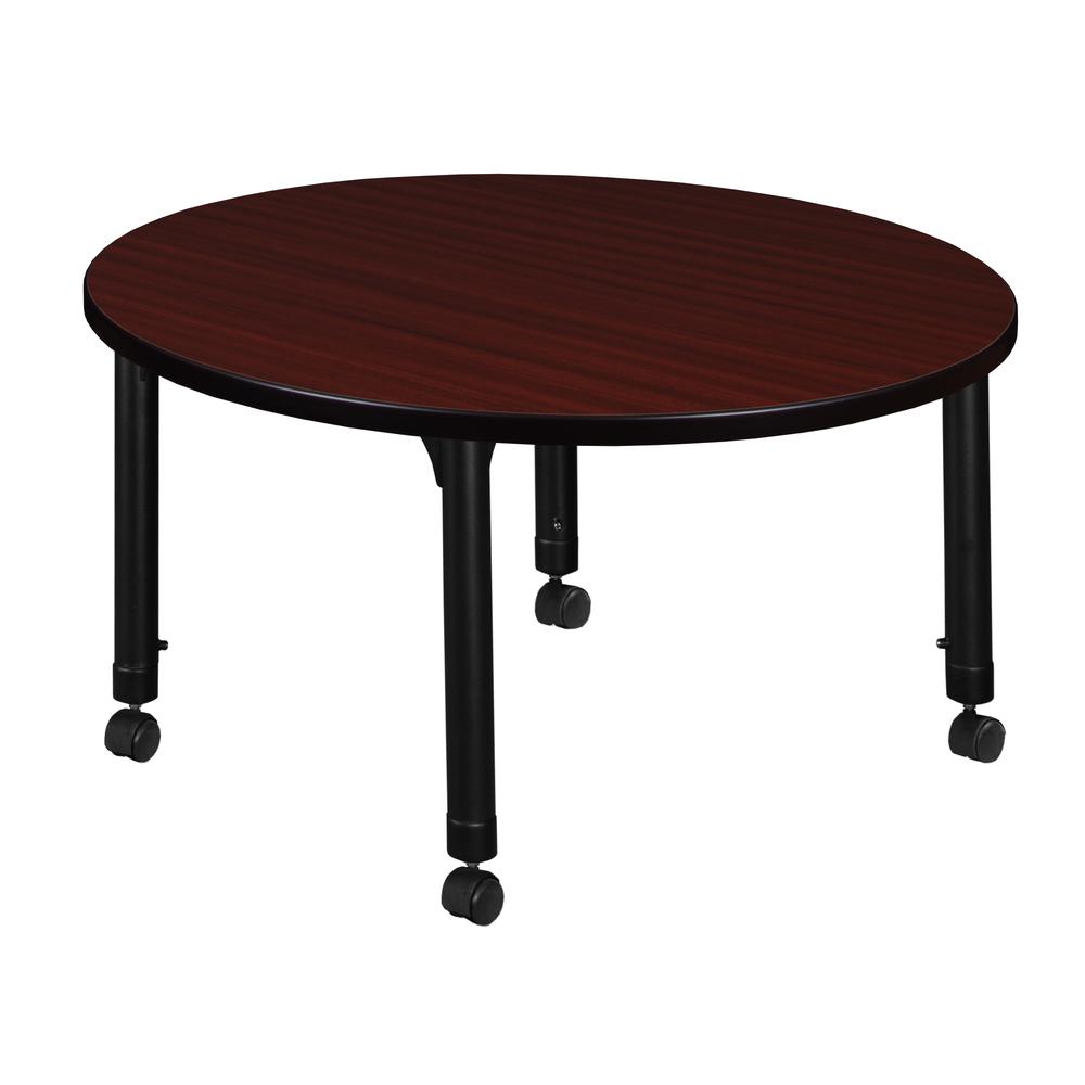 Kee 42" Round Height Adjustable Mobile Classroom Table - Mahogany. Picture 2