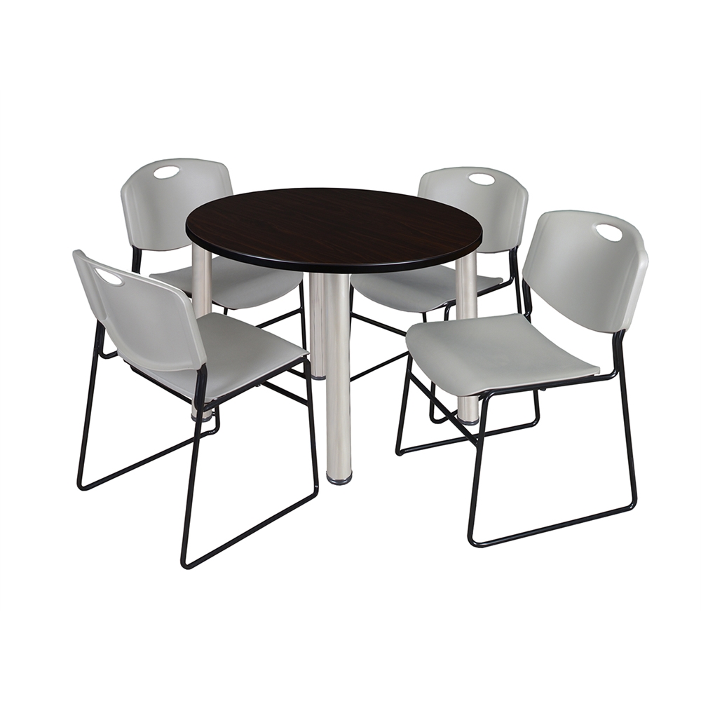 Kee 42" Round Breakroom Table- Mocha Walnut/ Chrome & 4 Zeng Stack Chairs- Grey. Picture 1