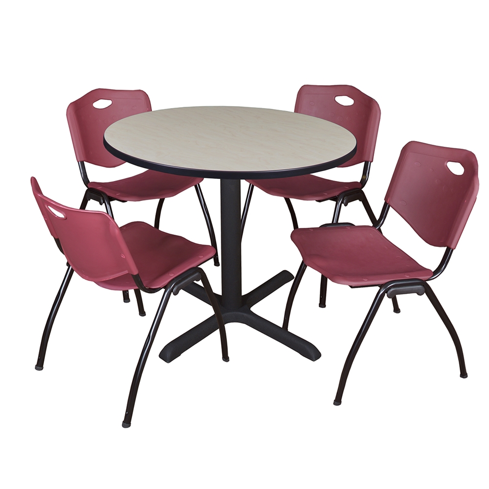 Cain 42" Round Breakroom Table- Maple & 4 'M' Stack Chairs- Burgundy. Picture 1