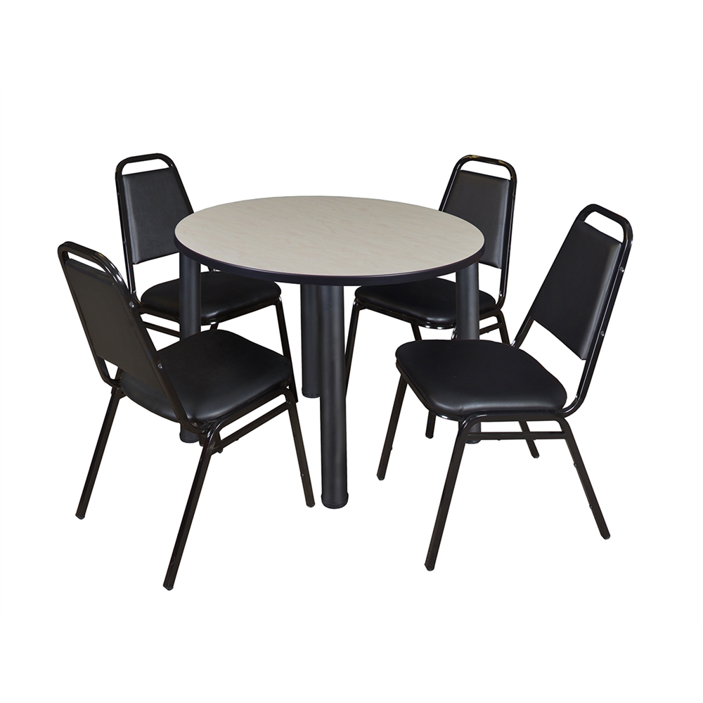 Kee 42" Round Breakroom Table- Maple/ Black & 4 Restaurant Stack Chairs- Black. Picture 1