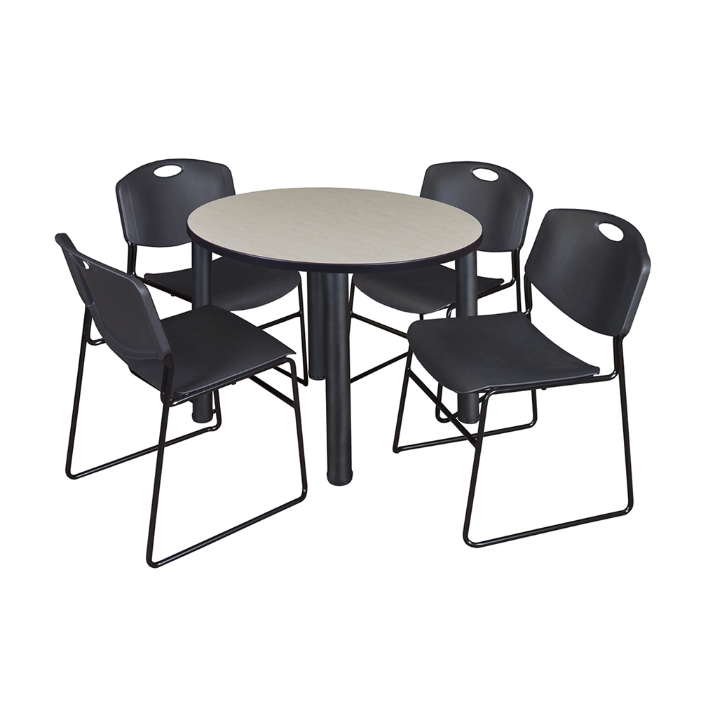 Kee 42" Round Breakroom Table- Maple/ Black & 4 Zeng Stack Chairs- Black. Picture 1