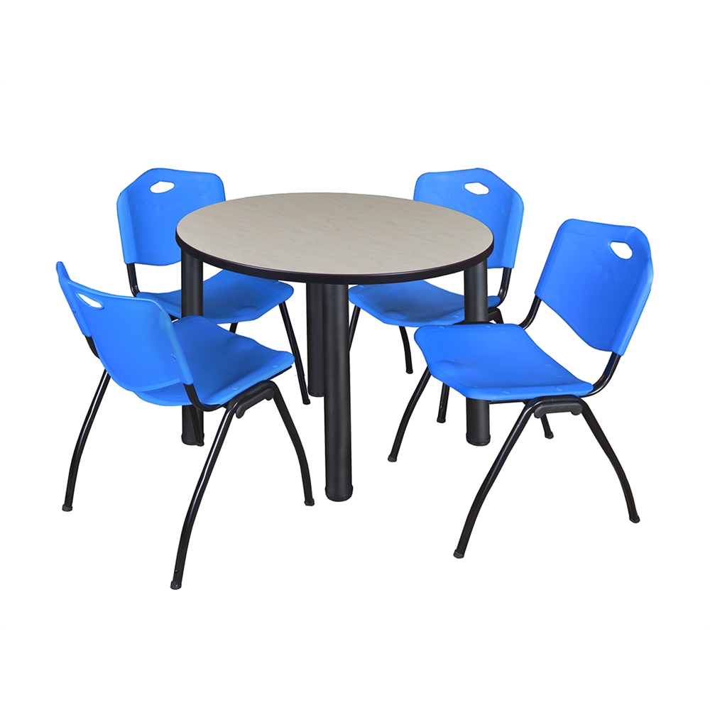 Kee 42" Round Breakroom Table- Maple/ Black & 4 'M' Stack Chairs- Blue. Picture 1