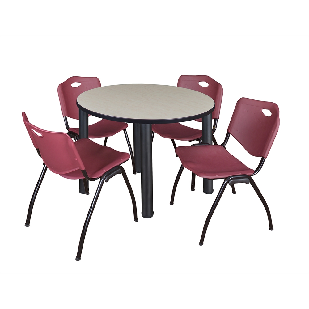 Kee 42" Round Breakroom Table- Maple/ Black & 4 'M' Stack Chairs- Burgundy. Picture 1