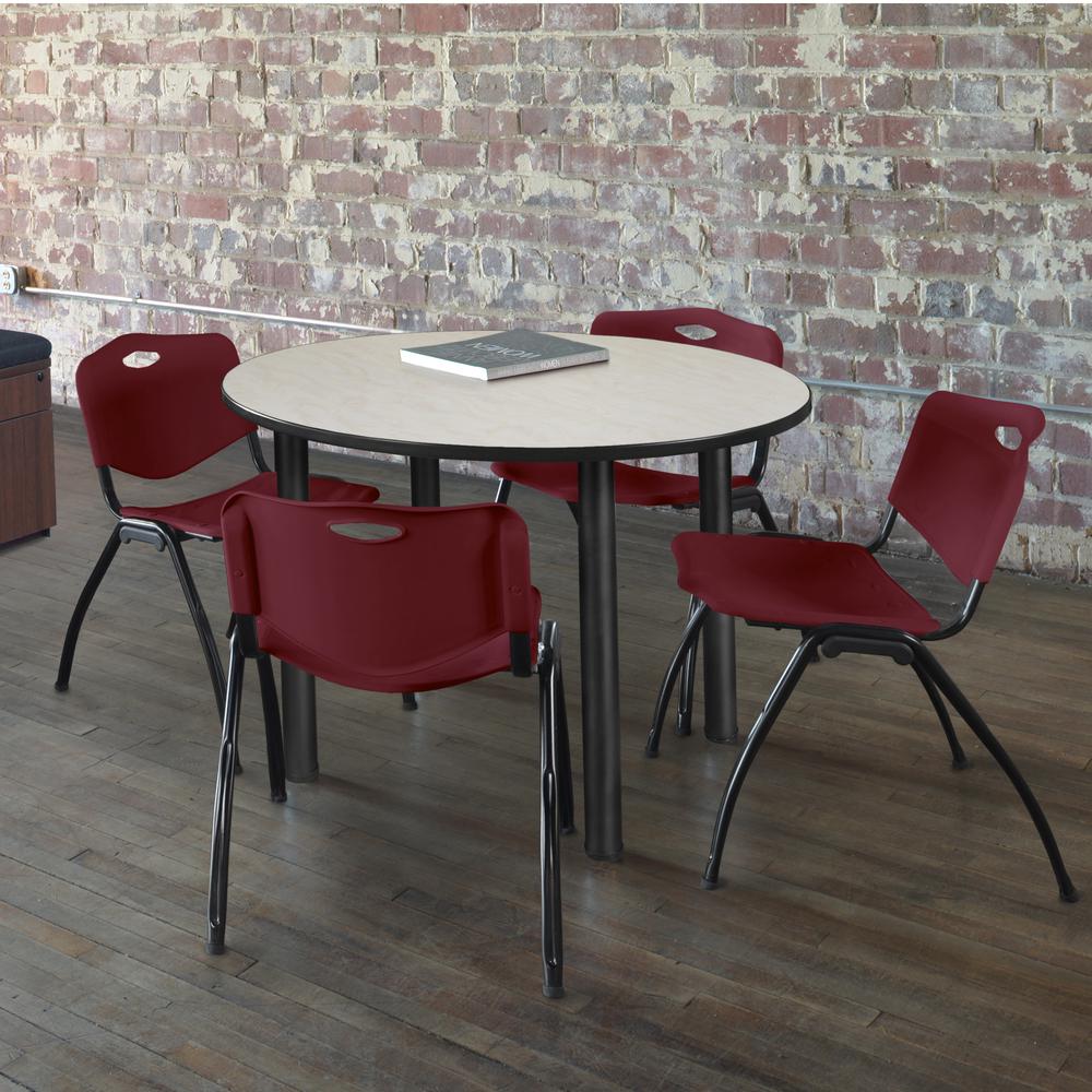 Kee 42" Round Breakroom Table- Maple/ Black & 4 'M' Stack Chairs- Burgundy. Picture 2