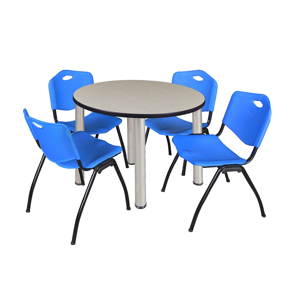 Kee 42" Round Breakroom Table- Maple/ Chrome & 4 'M' Stack Chairs- Blue. Picture 1