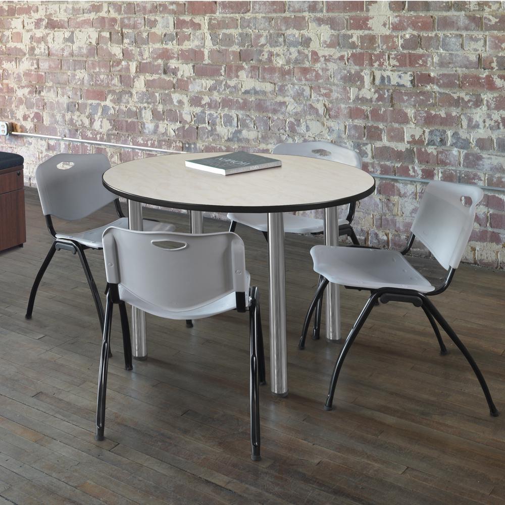 Kee 42" Round Breakroom Table- Maple/ Chrome & 4 'M' Stack Chairs- Grey. Picture 2