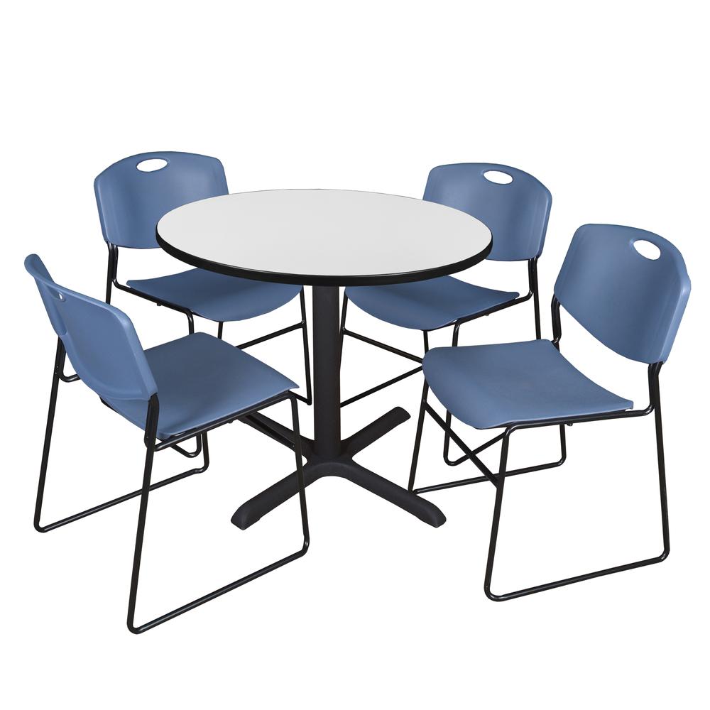 Regency Cain 42 in. Round Breakroom Table- White & 4 Zeng Stack Chairs- Blue. Picture 1