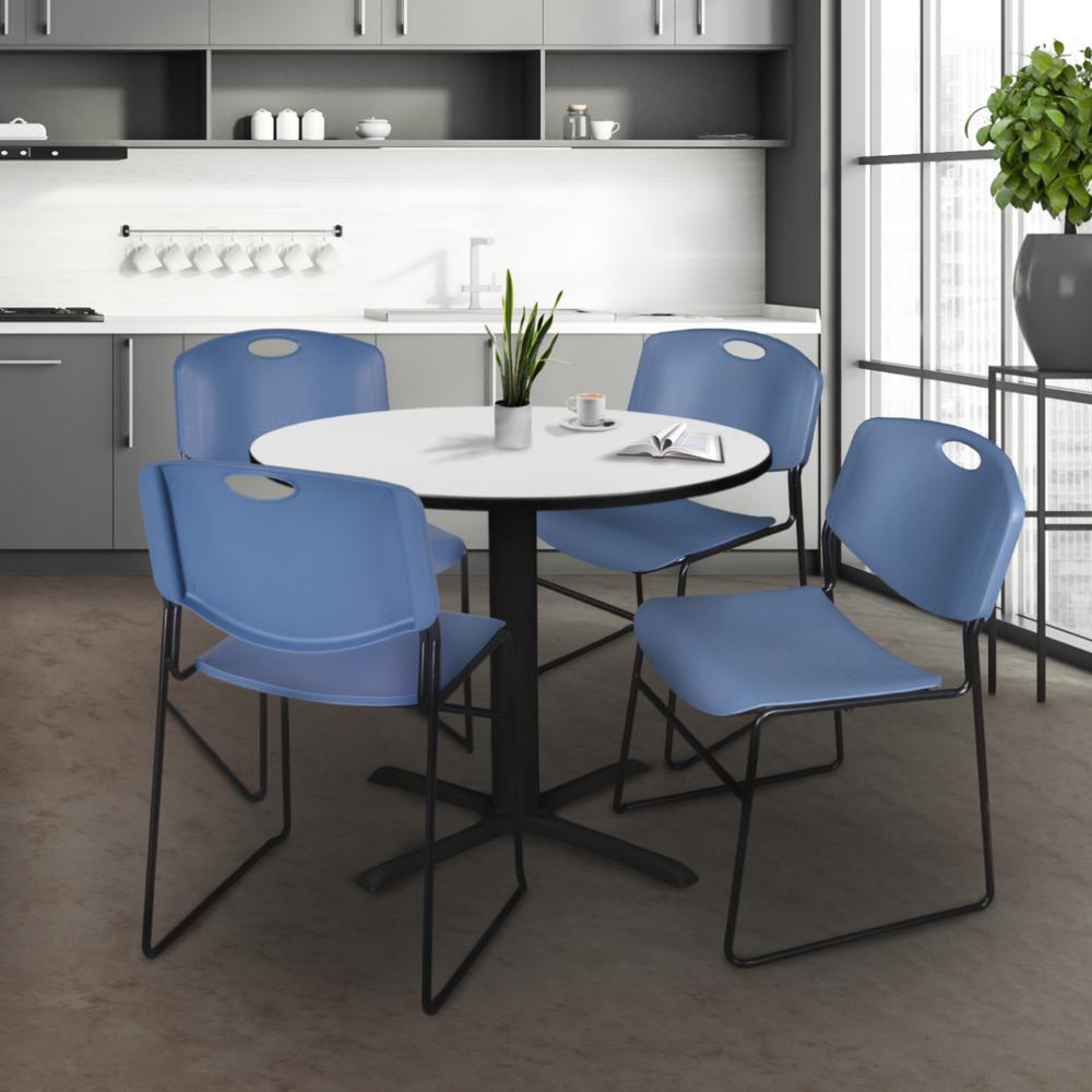 Regency Cain 42 in. Round Breakroom Table- White & 4 Zeng Stack Chairs- Blue. Picture 8