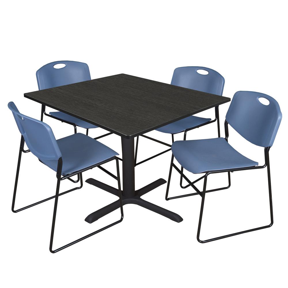 Regency Cain 48 in. Square Breakroom Table- Ash Grey & 4 Zeng Stack Chairs- Blue. Picture 1