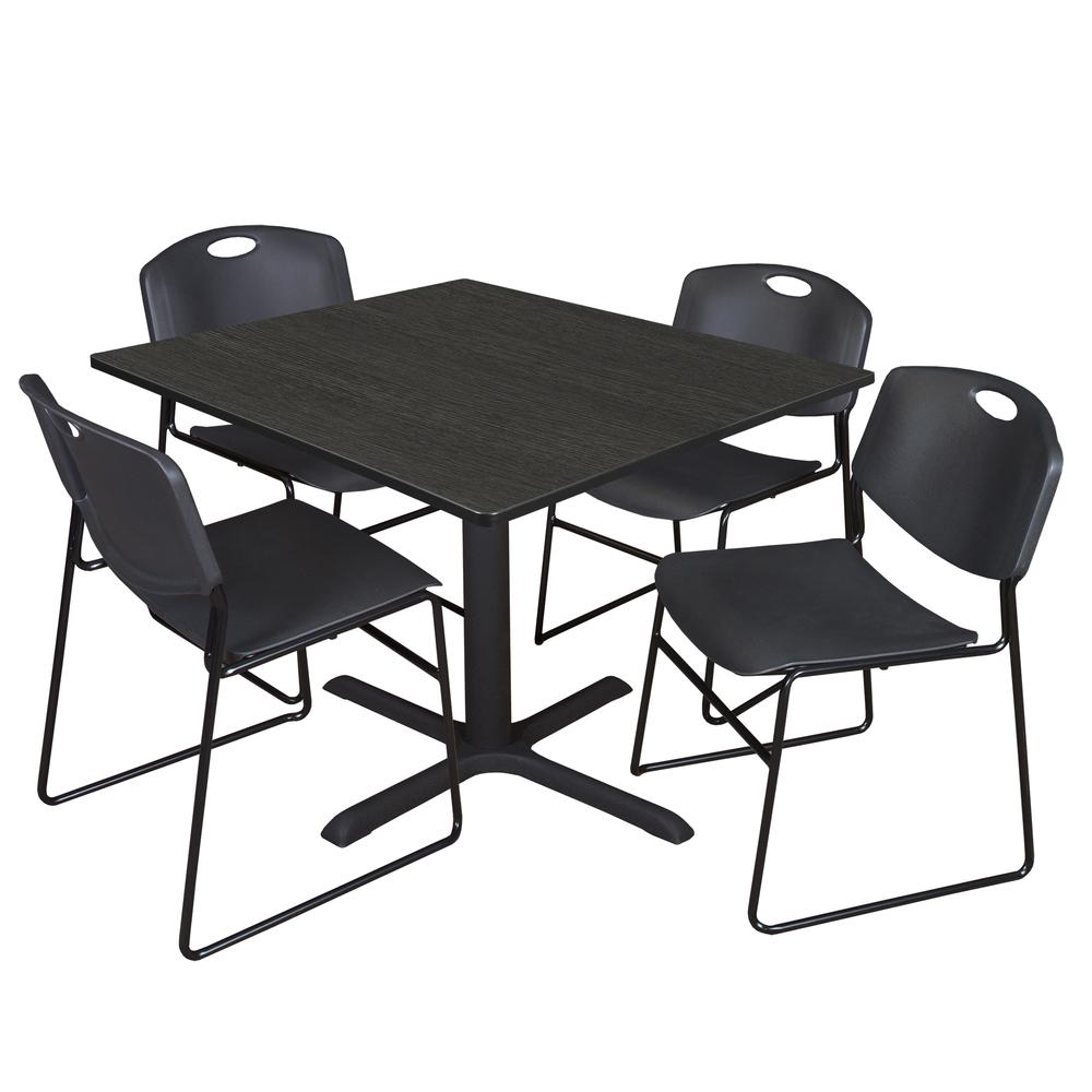 Regency Cain 48 in. Square Breakroom Table- Ash Grey & 4 Zeng Stack Chairs- Black. Picture 1
