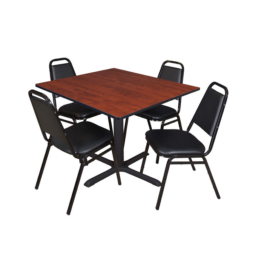 Cain 48" Square Breakroom Table- Cherry & 4 Restaurant Stack Chairs- Black. Picture 1