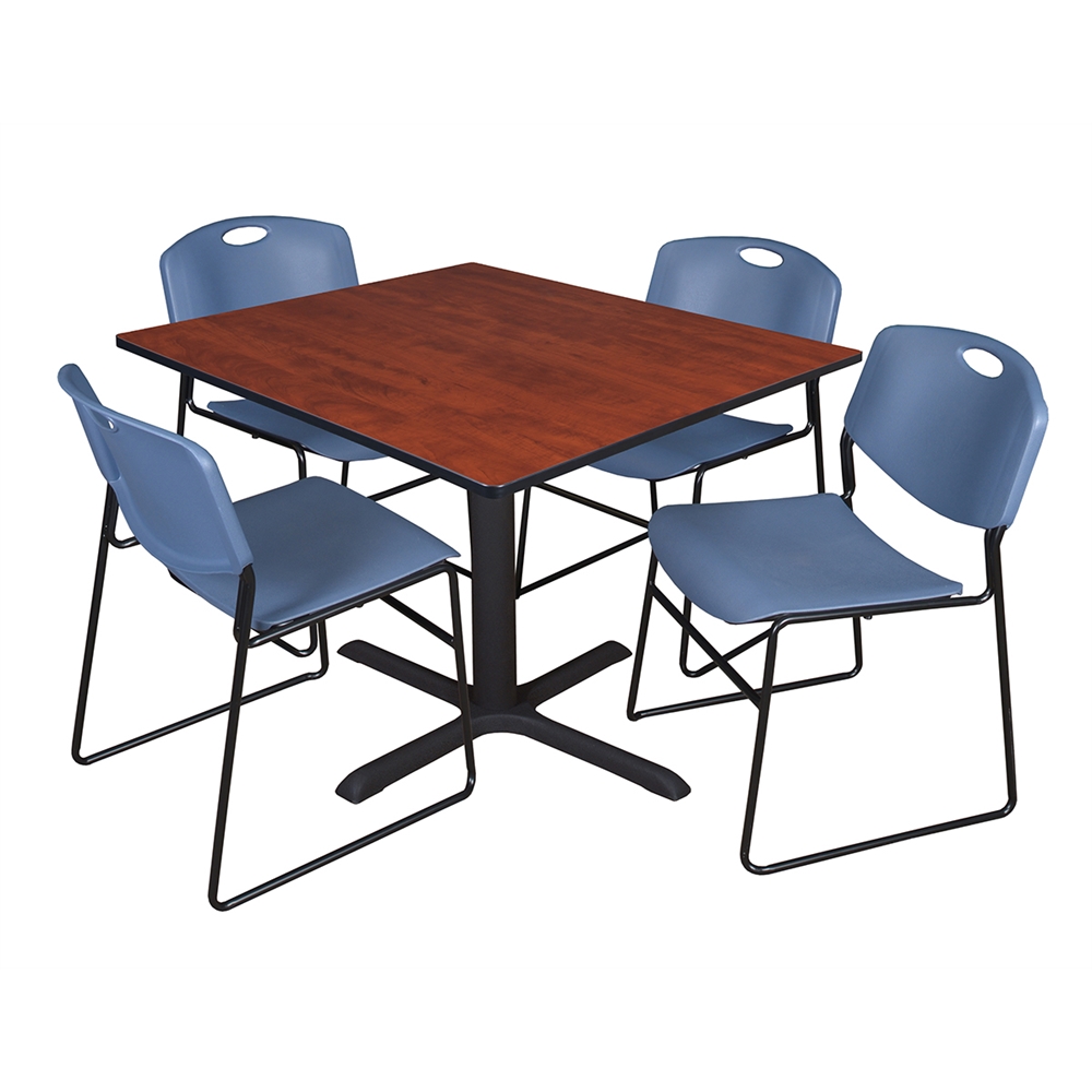 Cain 48" Square Breakroom Table- Cherry & 4 Zeng Stack Chairs- Blue. Picture 1