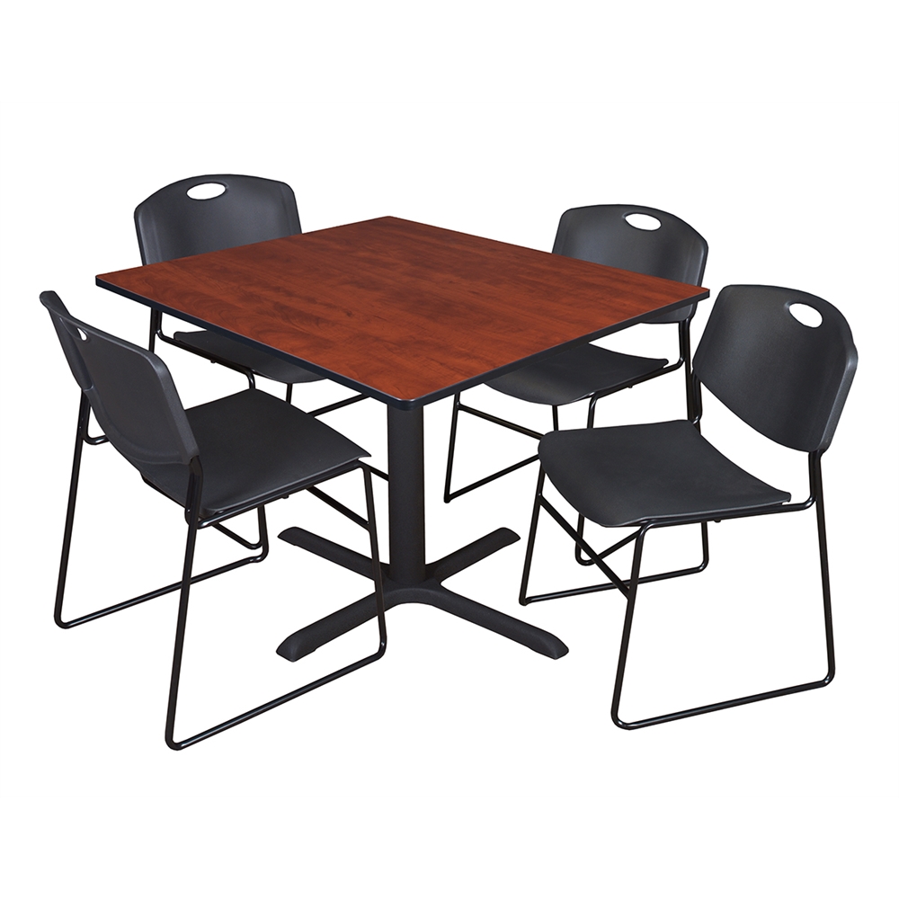 Cain 48" Square Breakroom Table- Cherry & 4 Zeng Stack Chairs- Black. Picture 1