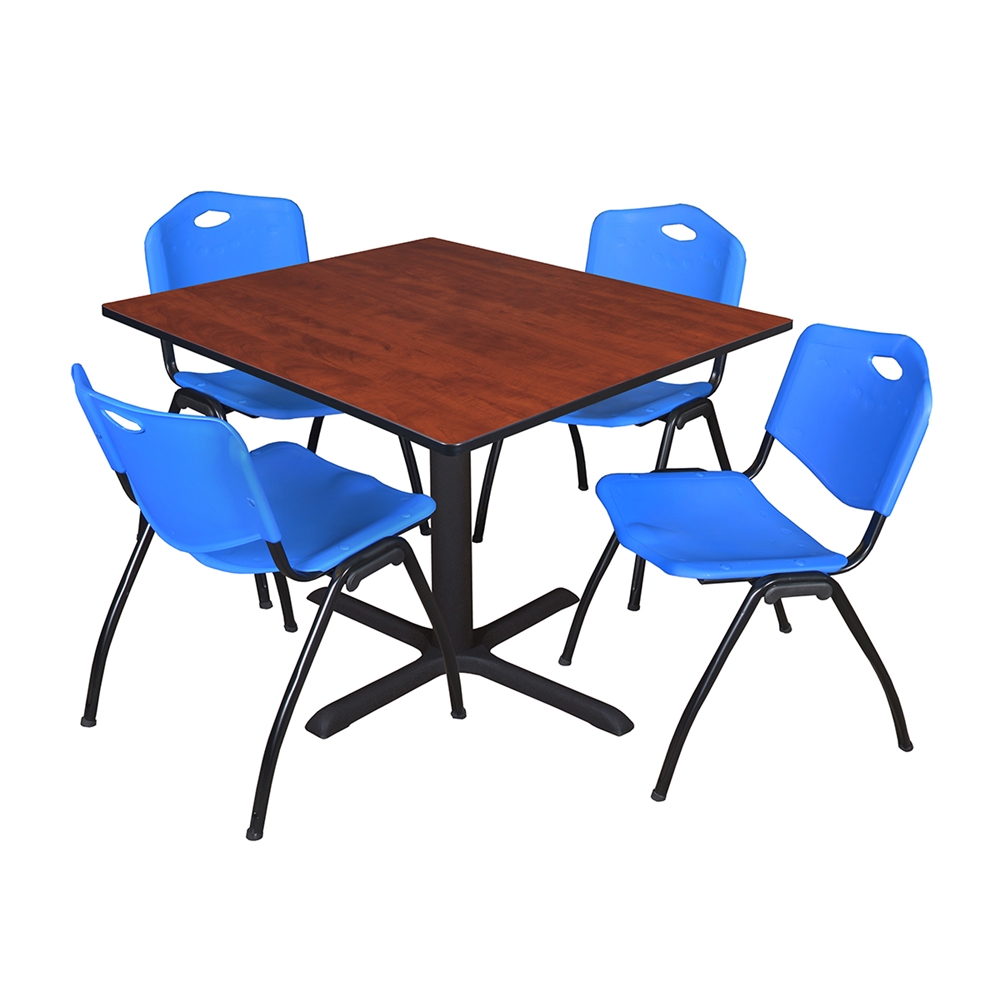 Cain 48" Square Breakroom Table- Cherry & 4 'M' Stack Chairs- Blue. Picture 1
