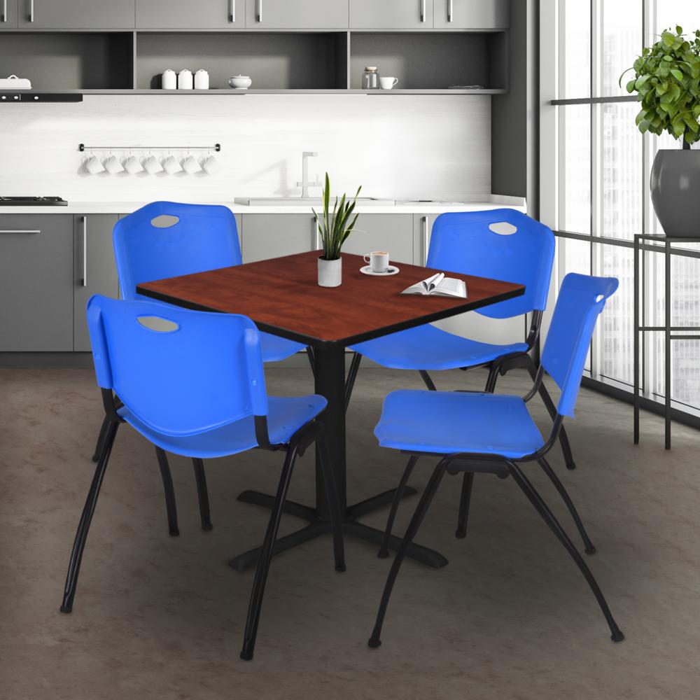 Cain 48" Square Breakroom Table- Cherry & 4 'M' Stack Chairs- Blue. Picture 2