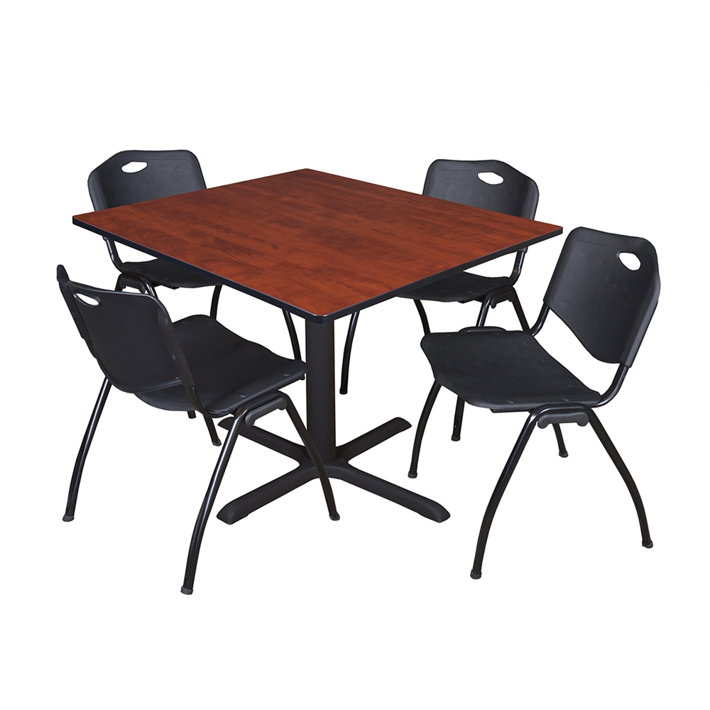 Cain 48" Square Breakroom Table- Cherry & 4 'M' Stack Chairs- Black. Picture 1