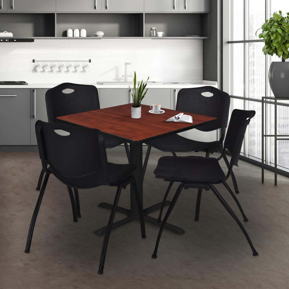 Cain 48" Square Breakroom Table- Cherry & 4 'M' Stack Chairs- Black. Picture 2