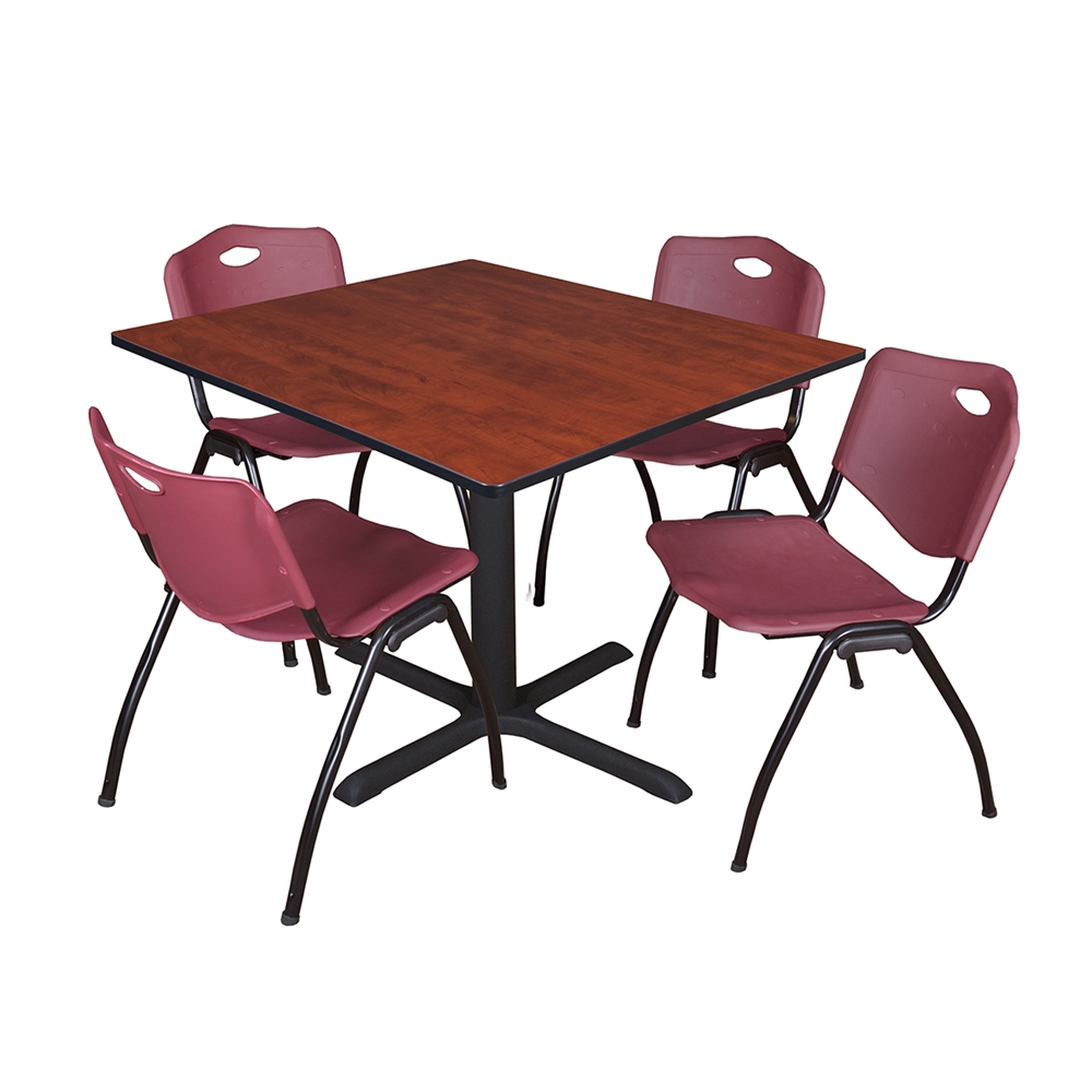 Cain 48" Square Breakroom Table- Cherry & 4 'M' Stack Chairs- Burgundy. Picture 1