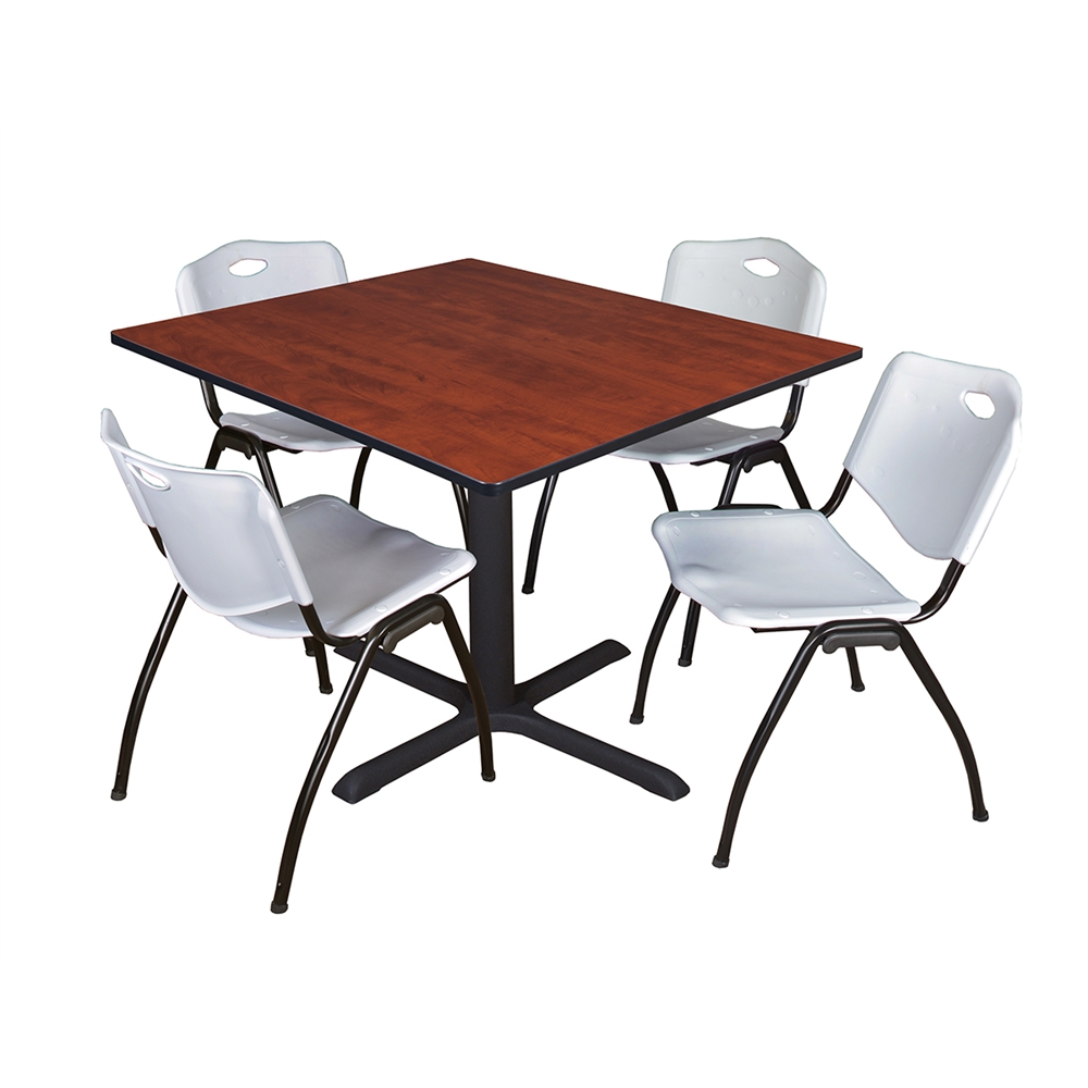 Cain 48" Square Breakroom Table- Cherry & 4 'M' Stack Chairs- Grey. Picture 1