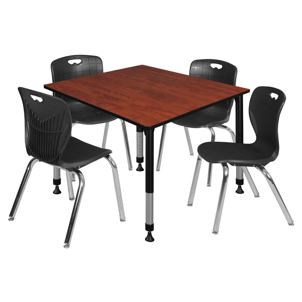 Kee 48" Square Height Adjustable  Classroom Table - Cherry & 4 Andy 18-in Stack Chairs- Black. Picture 1
