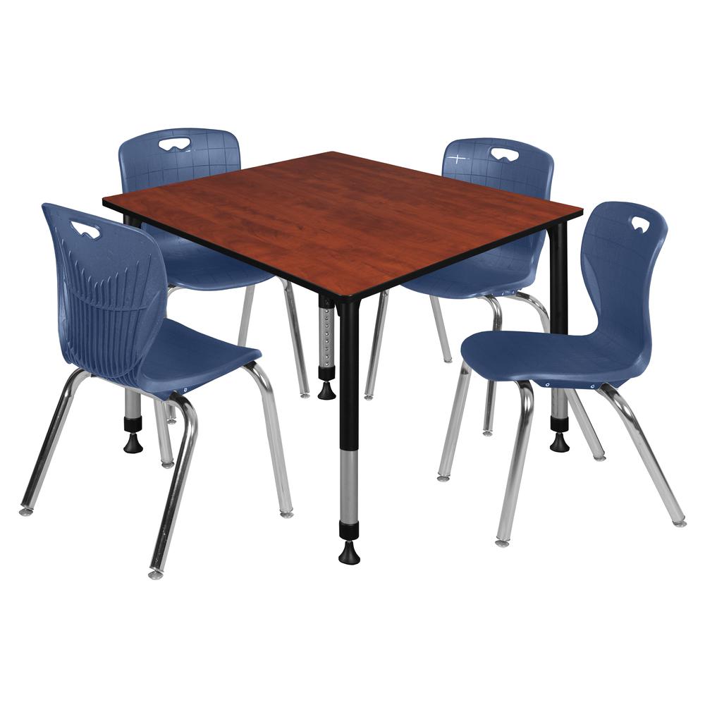 Kee 48" Square Height Adjustable  Classroom Table - Cherry & 4 Andy 18-in Stack Chairs- Navy Blue. Picture 1