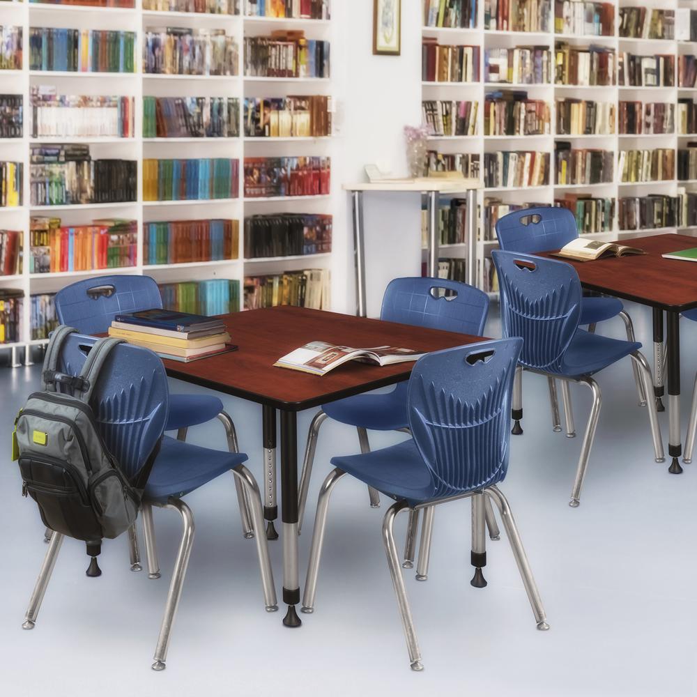 Kee 48" Square Height Adjustable  Classroom Table - Cherry & 4 Andy 18-in Stack Chairs- Navy Blue. Picture 7