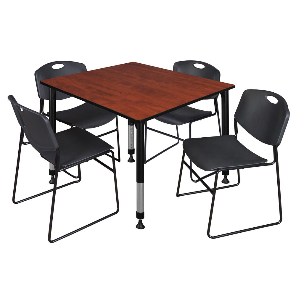 Kee 48" Square Height Adjustable  Classroom Table - Cherry & 4 Zeng Stack Chairs- Black. Picture 1