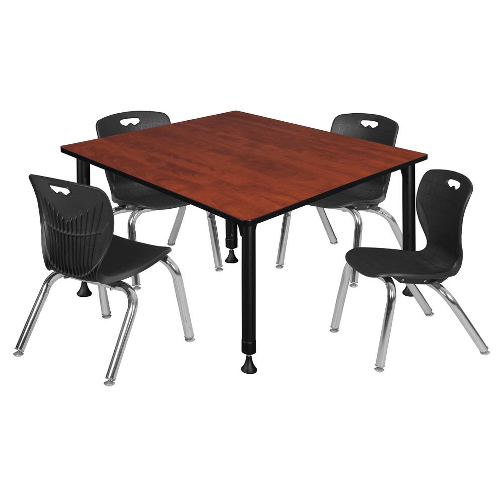 Kee 48" Square Height Adjustable  Classroom Table - Cherry & 4 Andy 12-in Stack Chairs- Black. Picture 1