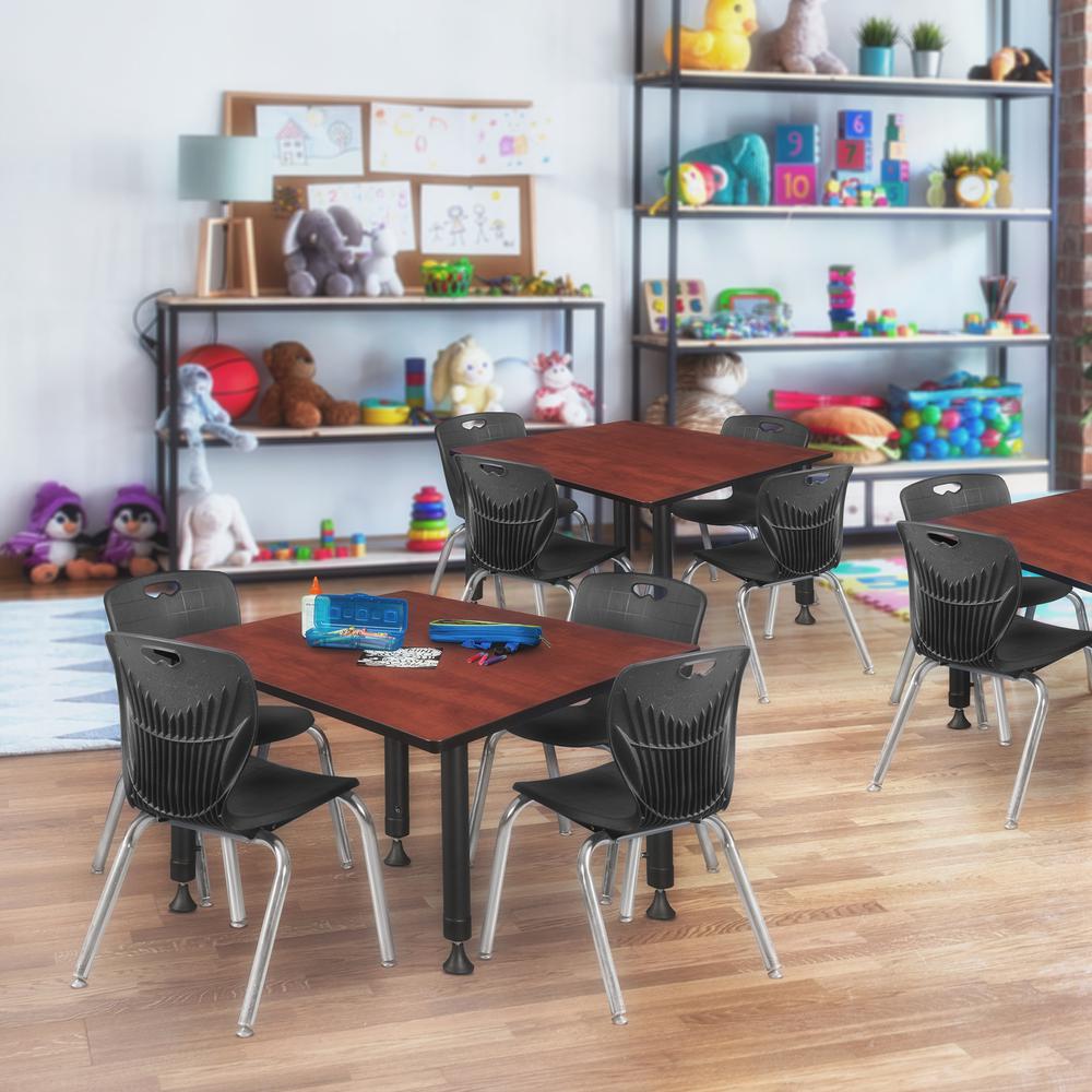 Kee 48" Square Height Adjustable  Classroom Table - Cherry & 4 Andy 12-in Stack Chairs- Black. Picture 7