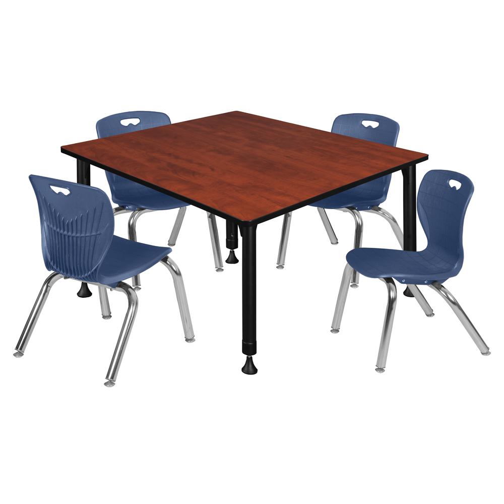 Kee 48" Square Height Adjustable  Classroom Table - Cherry & 4 Andy 12-in Stack Chairs- Navy Blue. Picture 1