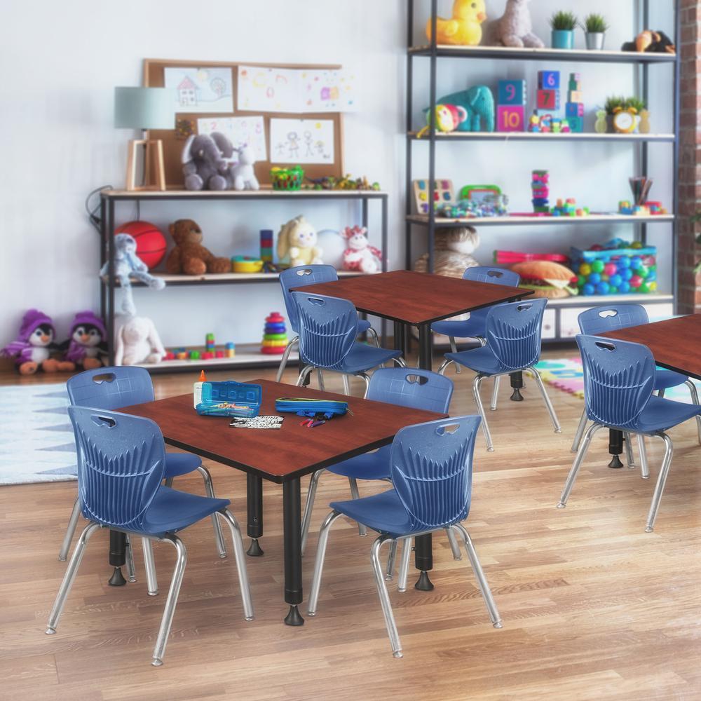 Kee 48" Square Height Adjustable  Classroom Table - Cherry & 4 Andy 12-in Stack Chairs- Navy Blue. Picture 7