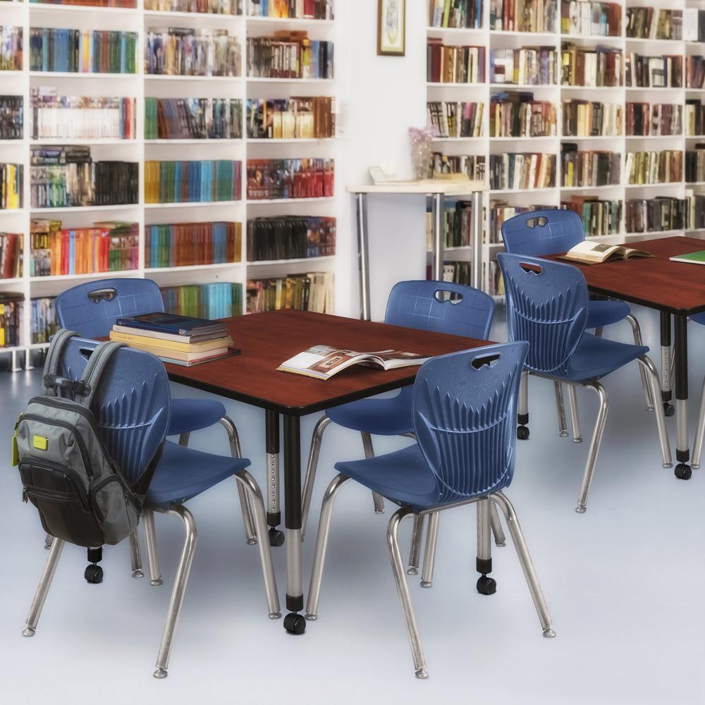 Kee 48" Square Height Adjustable  Mobile Classroom Table - Cherry & 4 Andy 18-in Stack Chairs- Navy Blue. Picture 7