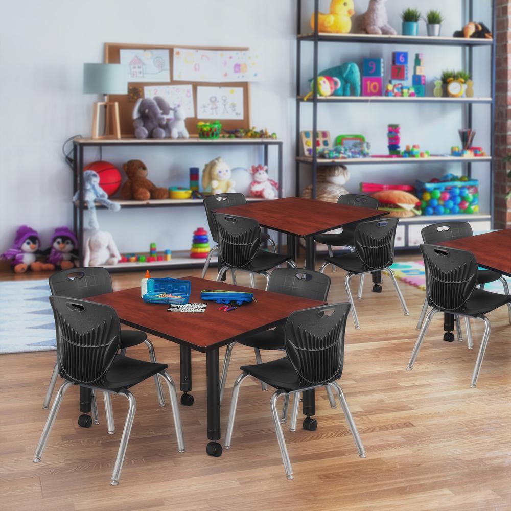 Kee 48" Square Height Adjustable  Mobile Classroom Table - Cherry & 4 Andy 12-in Stack Chairs- Black. Picture 7