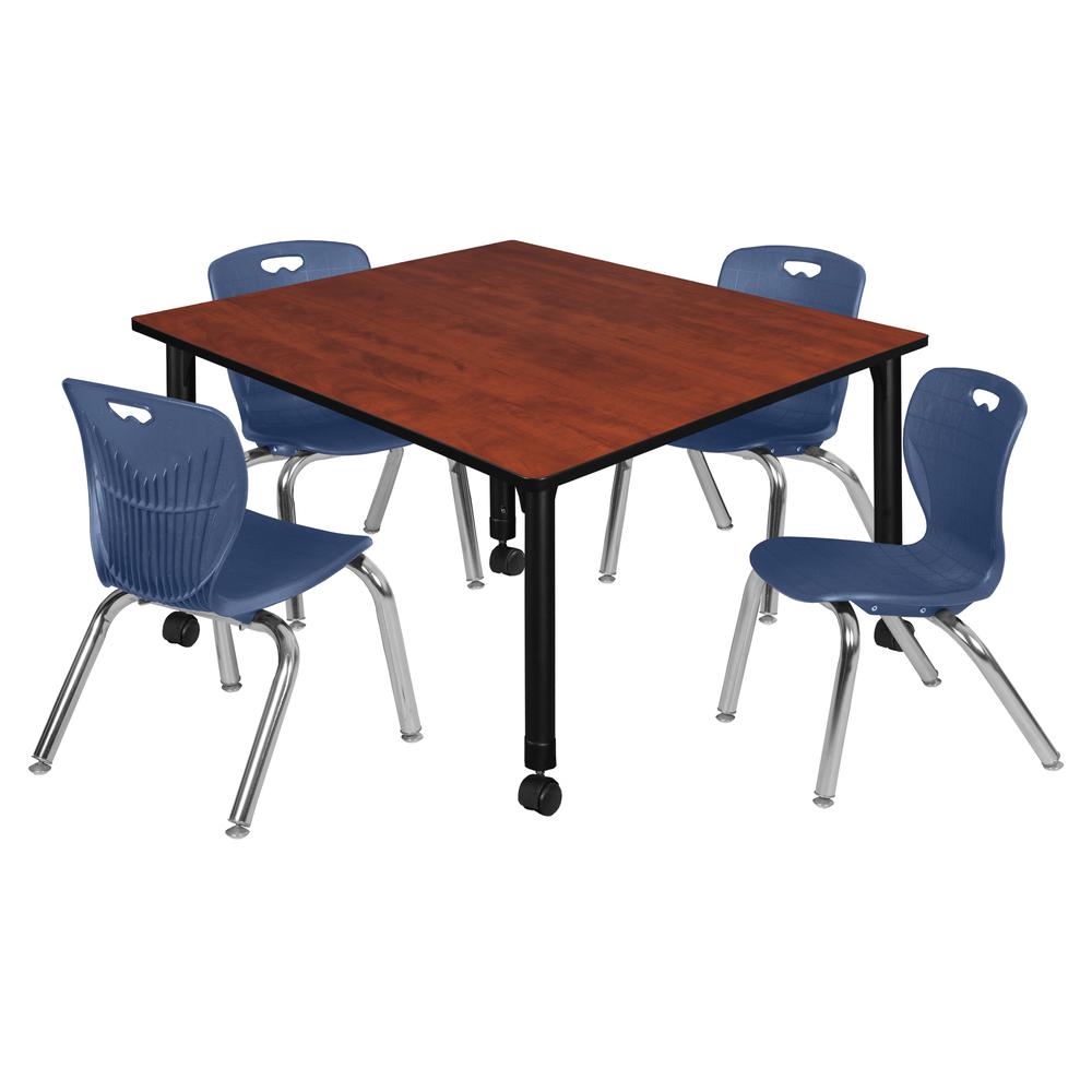 Kee 48" Square Height Adjustable  Mobile Classroom Table - Cherry & 4 Andy 12-in Stack Chairs- Navy Blue. Picture 1