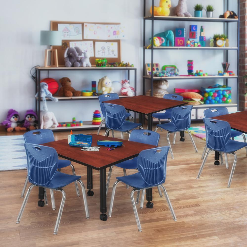 Kee 48" Square Height Adjustable  Mobile Classroom Table - Cherry & 4 Andy 12-in Stack Chairs- Navy Blue. Picture 7