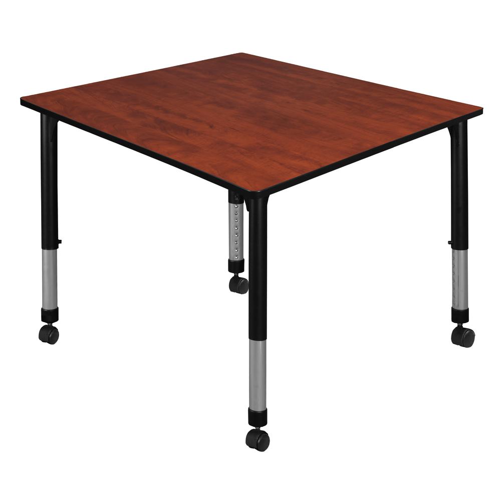 Kee 48" Square Height Adjustable Mobile Classroom Table - Cherry. Picture 1