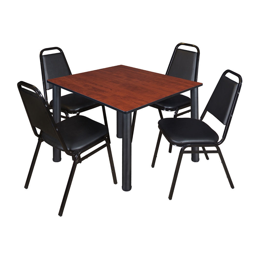 Kee 48" Square Breakroom Table- Cherry/ Black & 4 Restaurant Stack Chairs- Black. Picture 1