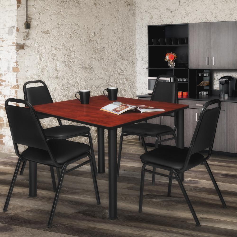 Kee 48" Square Breakroom Table- Cherry/ Black & 4 Restaurant Stack Chairs- Black. Picture 2