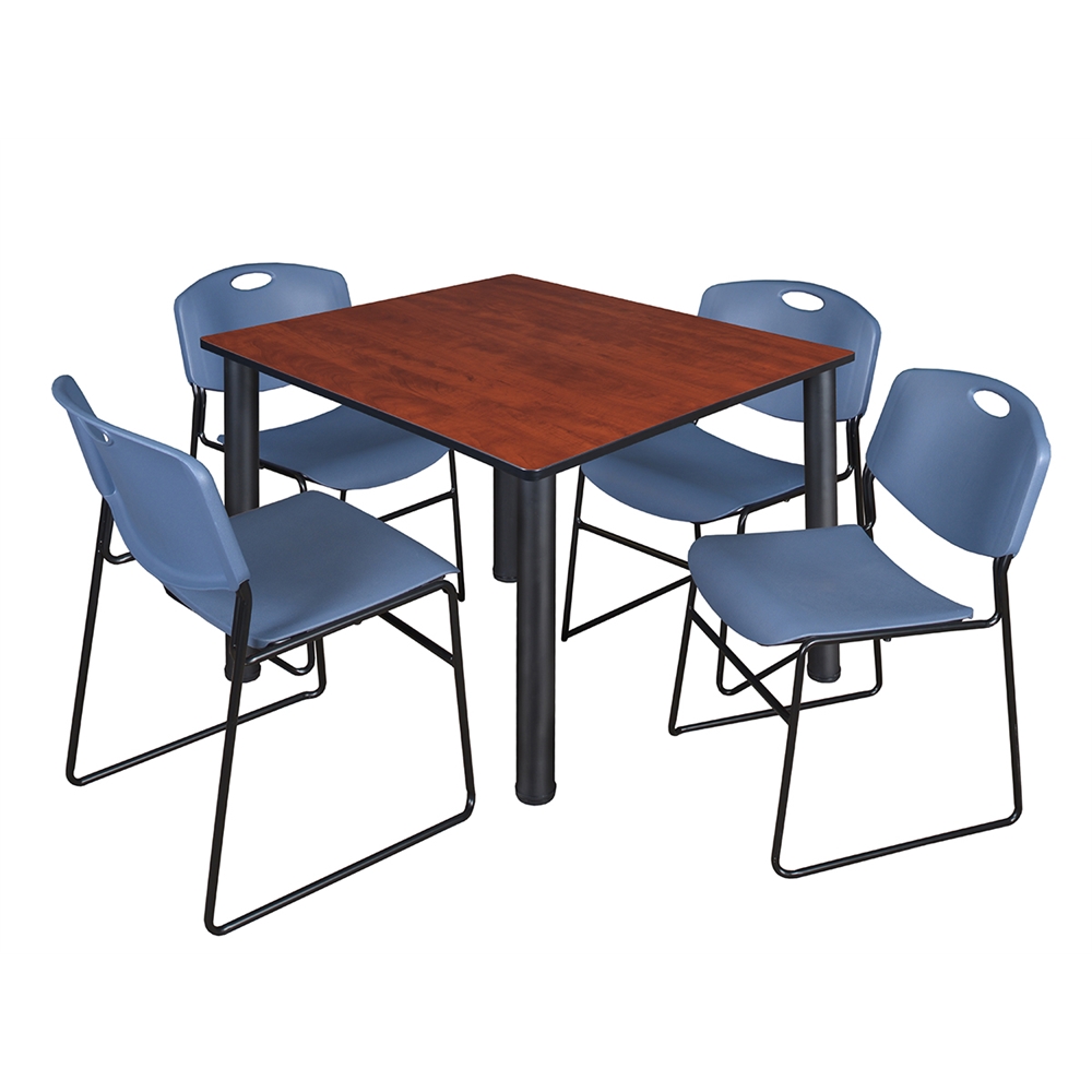 Kee 48" Square Breakroom Table- Cherry/ Black & 4 Zeng Stack Chairs- Blue. Picture 1