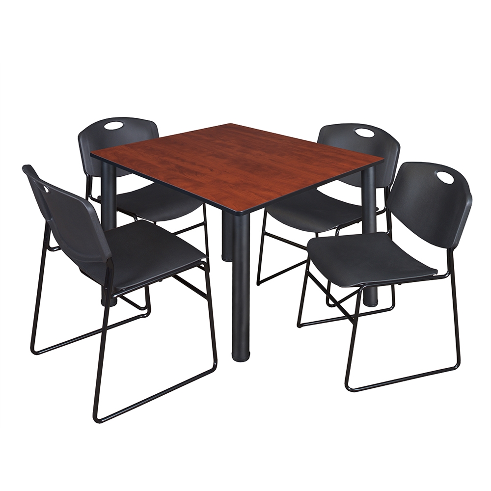Kee 48" Square Breakroom Table- Cherry/ Black & 4 Zeng Stack Chairs- Black. The main picture.