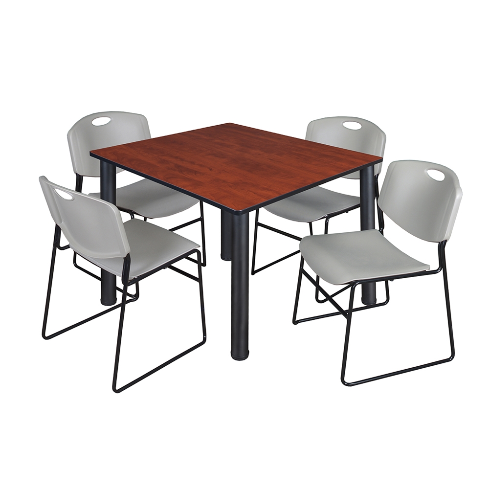 Kee 48" Square Breakroom Table- Cherry/ Black & 4 Zeng Stack Chairs- Grey. Picture 1