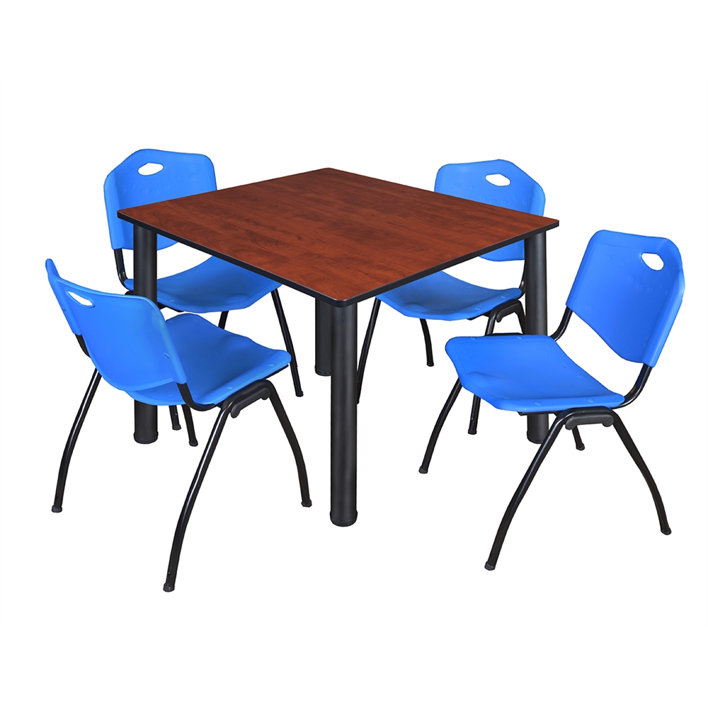 Kee 48" Square Breakroom Table- Cherry/ Black & 4 'M' Stack Chairs- Blue. Picture 1