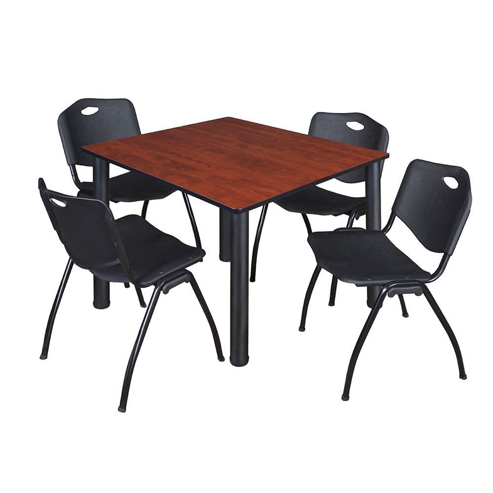 Kee 48" Square Breakroom Table- Cherry/ Black & 4 'M' Stack Chairs- Black. Picture 1