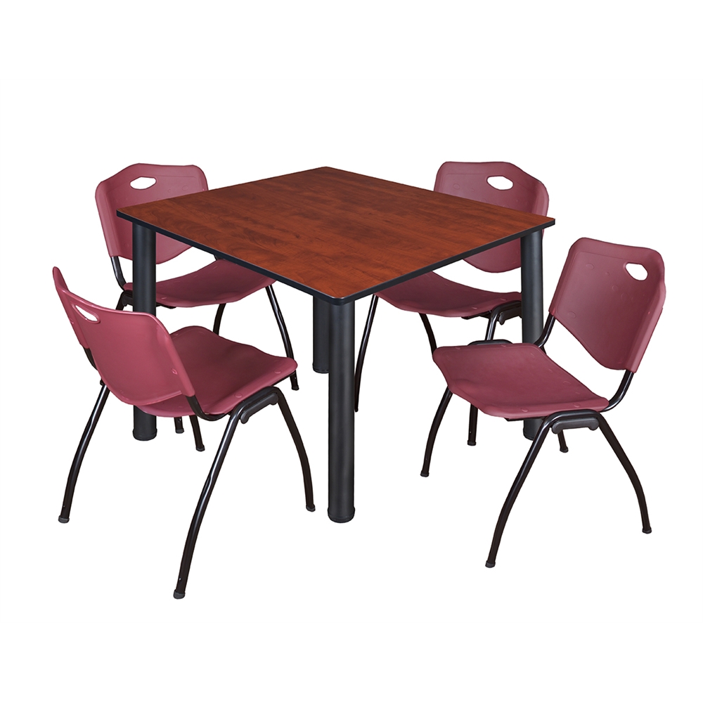 Kee 48" Square Breakroom Table- Cherry/ Black & 4 'M' Stack Chairs- Burgundy. Picture 1